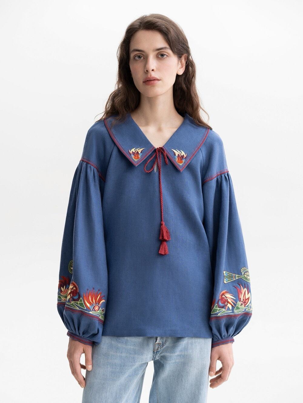 Etnodim Mariupol blouse Embroidered Navy Blue Linen M